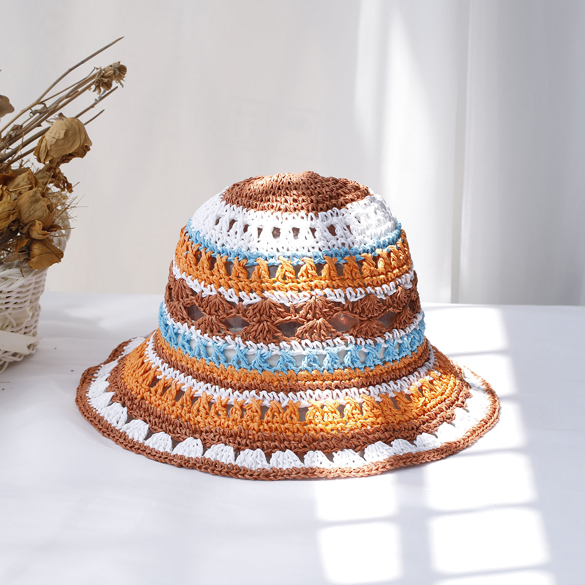Bucket Hat Straw - Chapeau de seau multicolore pour femmes,